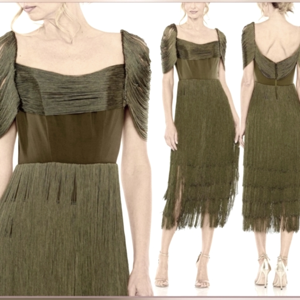 Mac Duggal Short Sleeve Fringe Detailed Midi Dress Olive 20568 SZ 8 NWT